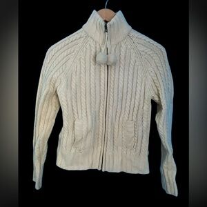 Vintage Y2K Gap Cream Cable Knit 100% Lambswool Full Zip Cardigan Sweater Poms S